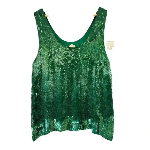 MODI 100% Silk Vintage Sequin Top Size 16 Green Festive Holiday Christmas NWT - Picture 2 of 7